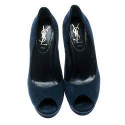 Saint Laurent Blue Suede Palais Platform Peep Toe Pumps Size 36
