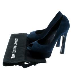 Saint Laurent Blue Suede Palais Platform Peep Toe Pumps Size 36