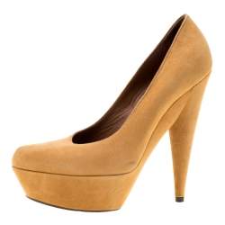 Saint Laurent Paris Beige Camel Suede Aliama Platform Pumps Size 37.5