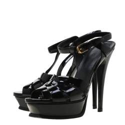 Pre Owned Saint Laurent Paris Black Patent Leather Tribute Platform Sandals Size 36.5