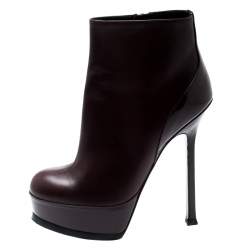 Pre Owned Saint Laurent Burgundy Leather Platform Ankle Booties Size 36