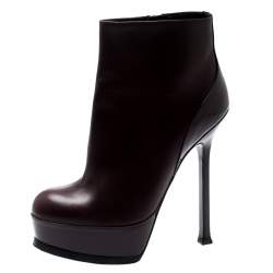 Pre Owned Saint Laurent Burgundy Leather Platform Ankle Booties Size 36