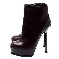 Pre Owned Saint Laurent Burgundy Leather Platform Ankle Booties Size 36