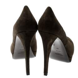 Saint Laurent Paris Olive Green Suede Platform Pumps 38