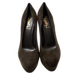 Saint Laurent Paris Olive Green Suede Platform Pumps 38
