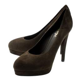 Saint Laurent Paris Olive Green Suede Platform Pumps 38