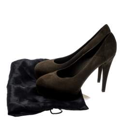 Saint Laurent Paris Olive Green Suede Platform Pumps 38
