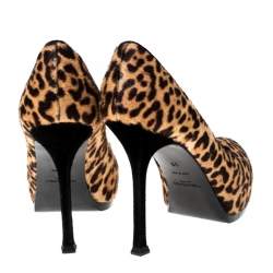 Saint Laurent Paris Beige/Brown Leopard Print Pony Hair Tribtoo Platform Pumps Size 36