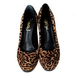 Saint Laurent Paris Beige/Brown Leopard Print Pony Hair Tribtoo Platform Pumps Size 36