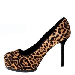 Saint Laurent Paris Beige/Brown Leopard Print Pony Hair Tribtoo Platform Pumps Size 36