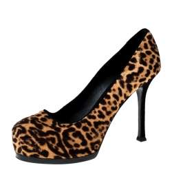 Saint Laurent Paris Beige/Brown Leopard Print Pony Hair Tribtoo Platform Pumps Size 36