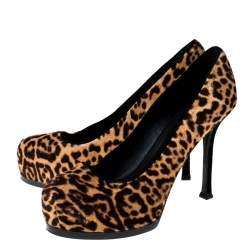 Saint Laurent Paris Beige/Brown Leopard Print Pony Hair Tribtoo Platform Pumps Size 36