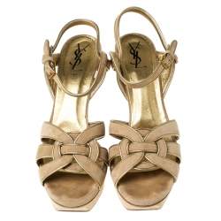 Pre Owned Saint Laurent Paris Beige Suede Tribute Platform Sandals Size 40.5