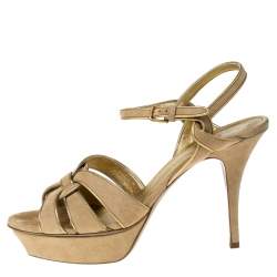 Pre Owned Saint Laurent Paris Beige Suede Tribute Platform Sandals Size 40.5