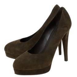 Saint Laurent Paris Dark Green Suede Platform Pumps Size 36