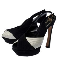 Pre Owned صندل سان لوران باريس بسيور متعاكس و بنعل سميك سويدي و جلد أسود و أبيض مقاس 38.5