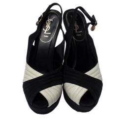 Pre Owned صندل سان لوران باريس بسيور متعاكس و بنعل سميك سويدي و جلد أسود و أبيض مقاس 38.5