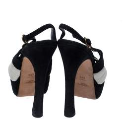 Pre Owned صندل سان لوران باريس بسيور متعاكس و بنعل سميك سويدي و جلد أسود و أبيض مقاس 38.5