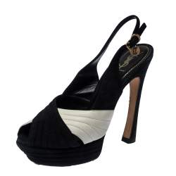 Pre Owned صندل سان لوران باريس بسيور متعاكس و بنعل سميك سويدي و جلد أسود و أبيض مقاس 38.5