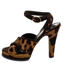 Saint Laurent Paris Leopard Print Calf Hair Platform Sandals Size 39