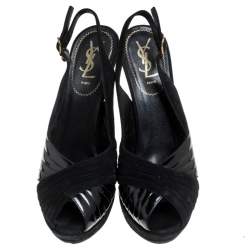 Pre Owned Saint Laurent Paris Black Criss Cross Suede and Patent Leather Slingback Platform Sandals Size 40