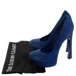 Saint Laurent Paris Blue Suede Palais Platform Pumps Size 38.5