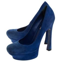 Saint Laurent Paris Blue Suede Palais Platform Pumps Size 38.5