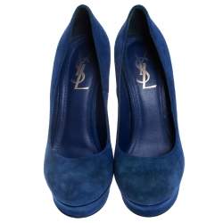 Saint Laurent Paris Blue Suede Palais Platform Pumps Size 38.5