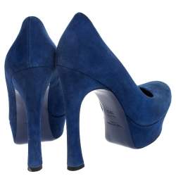 Saint Laurent Paris Blue Suede Palais Platform Pumps Size 38.5