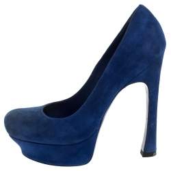 Saint Laurent Paris Blue Suede Palais Platform Pumps Size 38.5