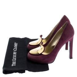 Pre Owned Saint Laurent Paris Burgundy Suede Plaque Embellished Round Toe Pumps Size 37.5