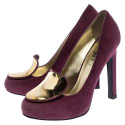 Pre Owned Saint Laurent Paris Burgundy Suede Plaque Embellished Round Toe Pumps Size 37.5