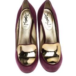Pre Owned Saint Laurent Paris Burgundy Suede Plaque Embellished Round Toe Pumps Size 37.5