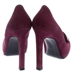 Pre Owned Saint Laurent Paris Burgundy Suede Plaque Embellished Round Toe Pumps Size 37.5