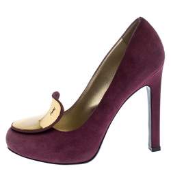 Pre Owned Saint Laurent Paris Burgundy Suede Plaque Embellished Round Toe Pumps Size 37.5