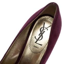 Pre Owned Saint Laurent Paris Burgundy Suede Plaque Embellished Round Toe Pumps Size 37.5