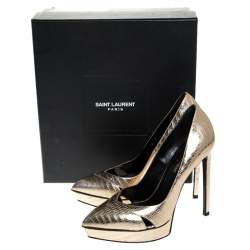 Pre Owned Saint Laurent Paris Gold Embossed Leather Pointed Toe Platform Pumps Size 37.5