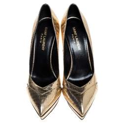 Pre Owned Saint Laurent Paris Gold Embossed Leather Pointed Toe Platform Pumps Size 37.5