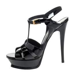 Pre Owned صندل سان لوران باريس تريبوت جلد أسود لامع بحزام للكاحل مقاس 38.5