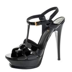 Pre Owned صندل سان لوران باريس تريبوت جلد أسود لامع بحزام للكاحل مقاس 38.5