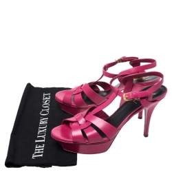 Pre Owned Saint Laurent Pink Leather Tribute Platform Ankle Strap Sandals Size 40