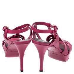 Pre Owned Saint Laurent Pink Leather Tribute Platform Ankle Strap Sandals Size 40