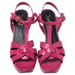 Pre Owned Saint Laurent Pink Leather Tribute Platform Ankle Strap Sandals Size 40
