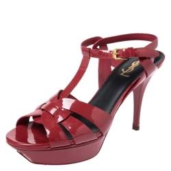Pre Owned Saint Laurent Paris Red Leather Tribute Platform Sandals Size 40