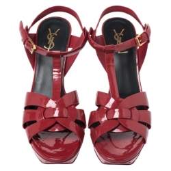 Pre Owned Saint Laurent Paris Red Leather Tribute Platform Sandals Size 40