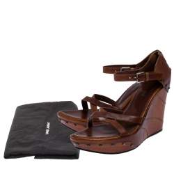 Pre Owned Saint Laurent Paris Brown Leather Studded Cross Strap Wedge Platform Sandals Size 38