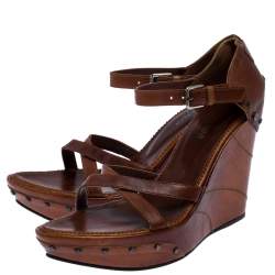 Pre Owned Saint Laurent Paris Brown Leather Studded Cross Strap Wedge Platform Sandals Size 38