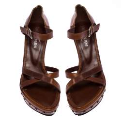 Pre Owned Saint Laurent Paris Brown Leather Studded Cross Strap Wedge Platform Sandals Size 38