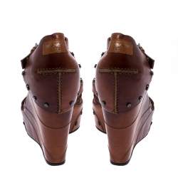 Pre Owned Saint Laurent Paris Brown Leather Studded Cross Strap Wedge Platform Sandals Size 38