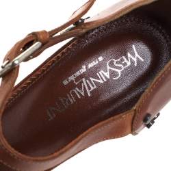 Pre Owned Saint Laurent Paris Brown Leather Studded Cross Strap Wedge Platform Sandals Size 38